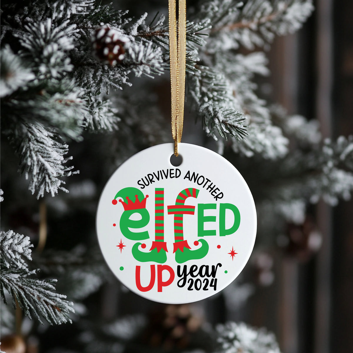 Funny Christmas Ornament, Survived Another Elfed Up Year, Office Gift Ornament, Ornament with gift box