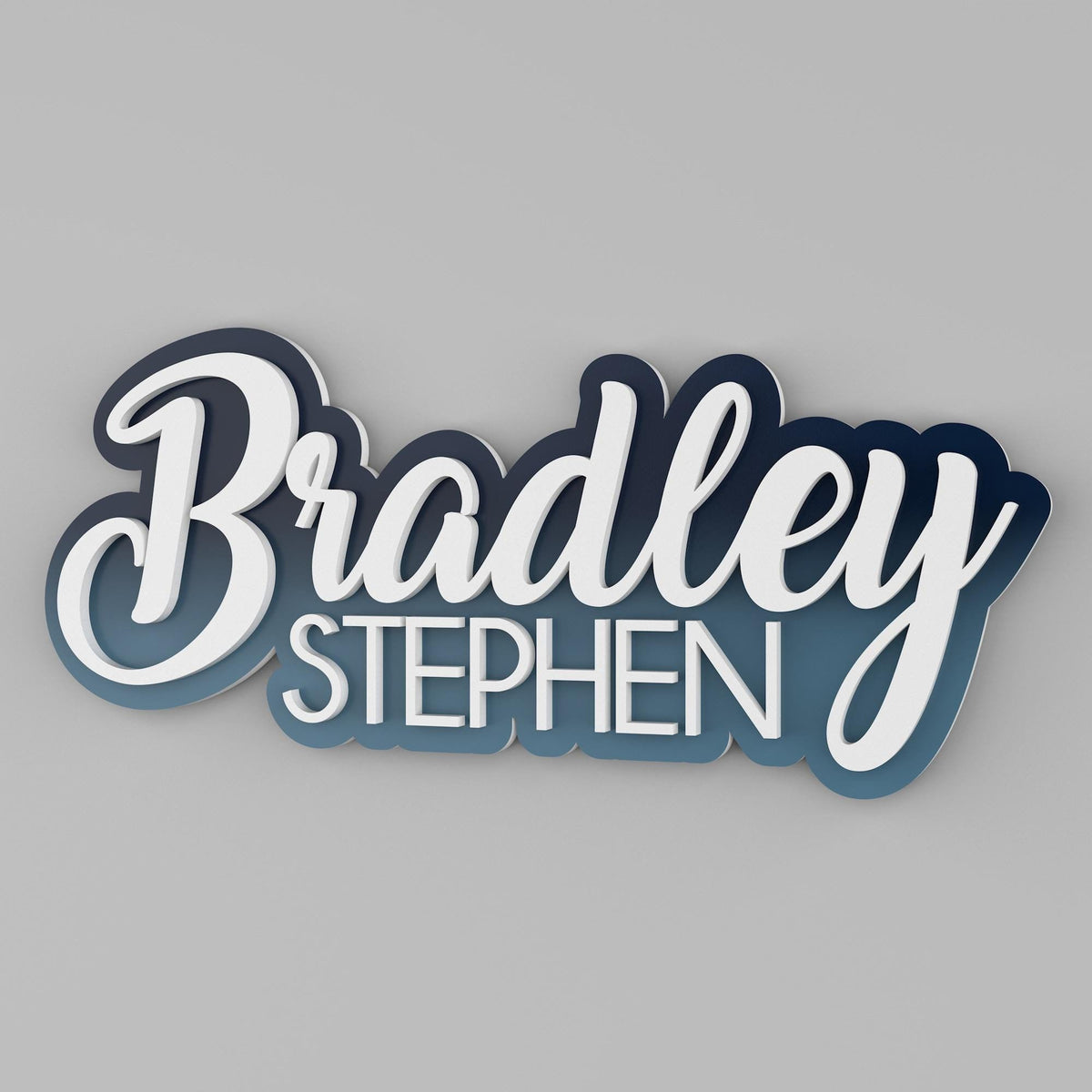 Double layered name sign. Background in a teal gradient. First name 'Bradley' and middle name 'Stephen' in white and 3d