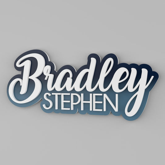Double layered name sign. Background in a teal gradient. First name 'Bradley' and middle name 'Stephen' in white and 3d