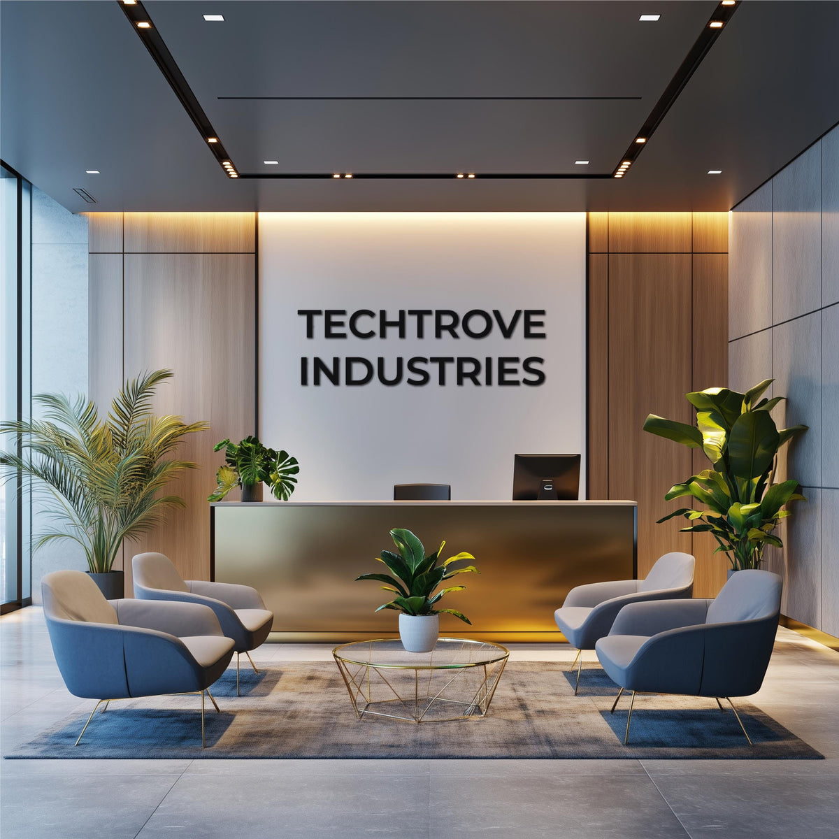 A modern office reception area with the company name in large black PVC letters