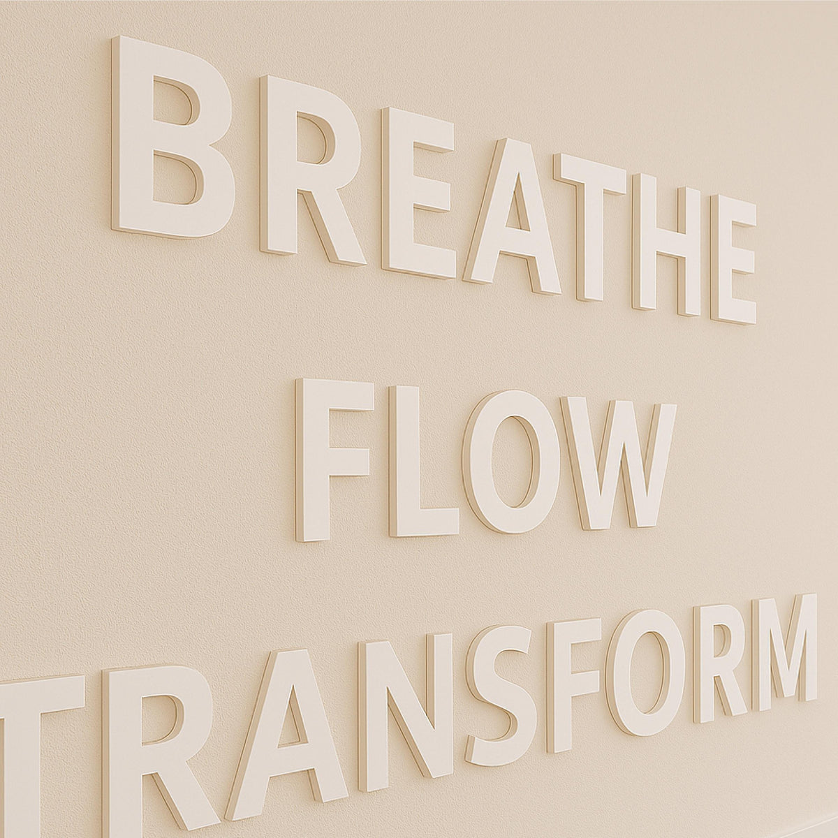 a close up view of 3d letters on the wall of a yoga studio saying BREATHE FLOW TRANSFORM