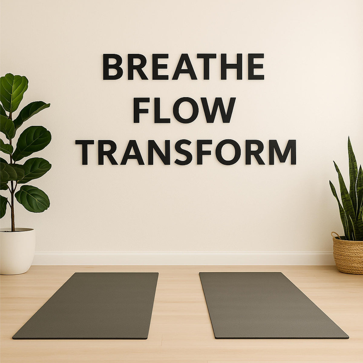 a yoga area with a large sign on the wall saying 'BREATHE FLOW TRANSFORM' in black 3d letters