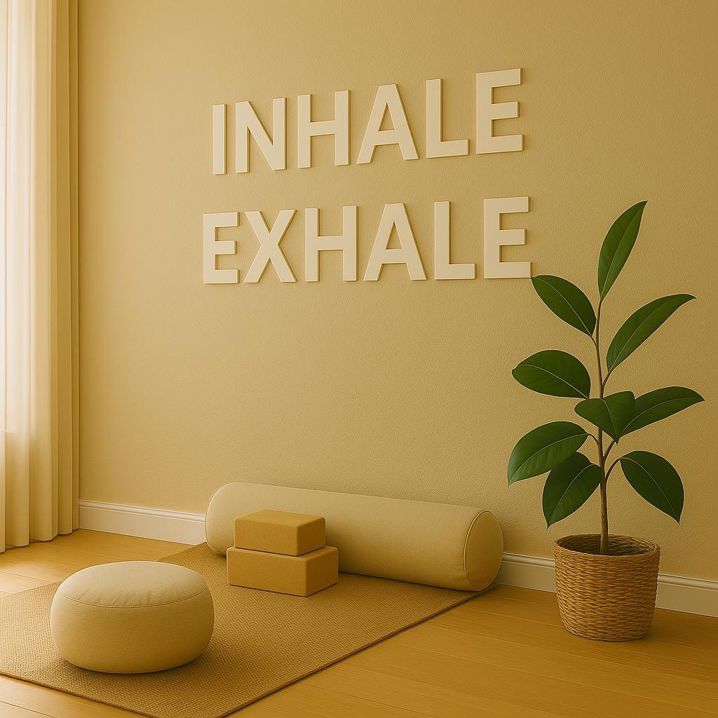 A home yoga room with 3D white letters INHALE EXHALE on the wall above the yoga mat