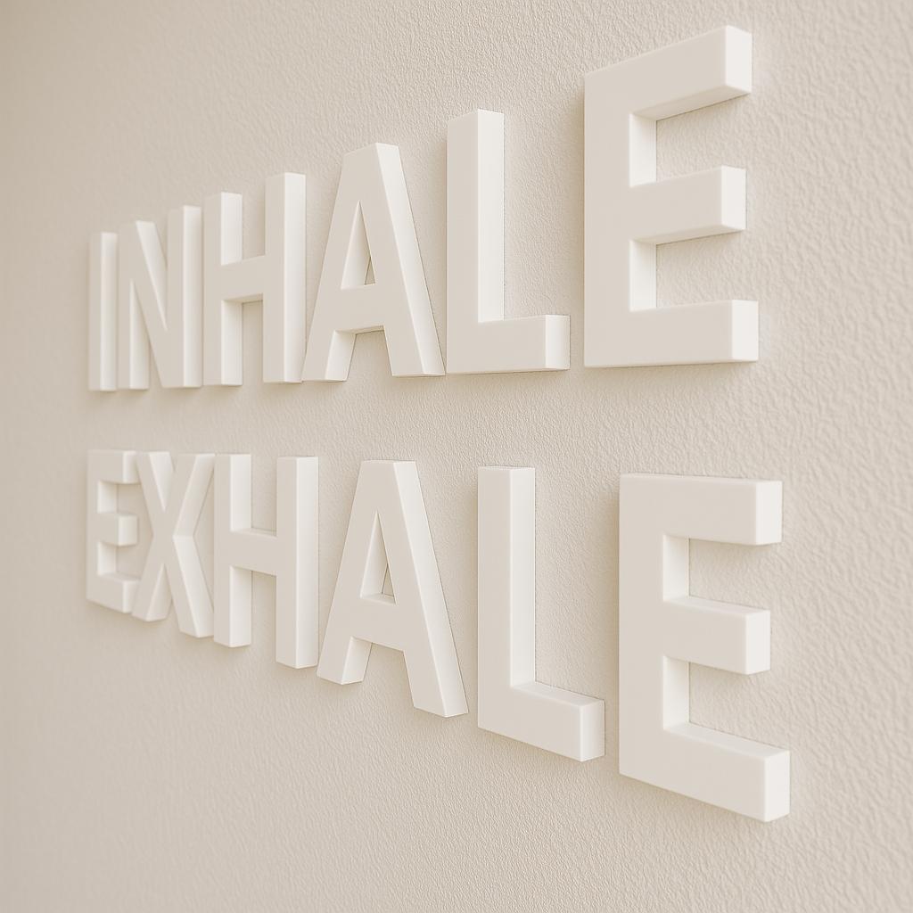 A close up view of 3d white letters on a wall saying INHALE EXHALE