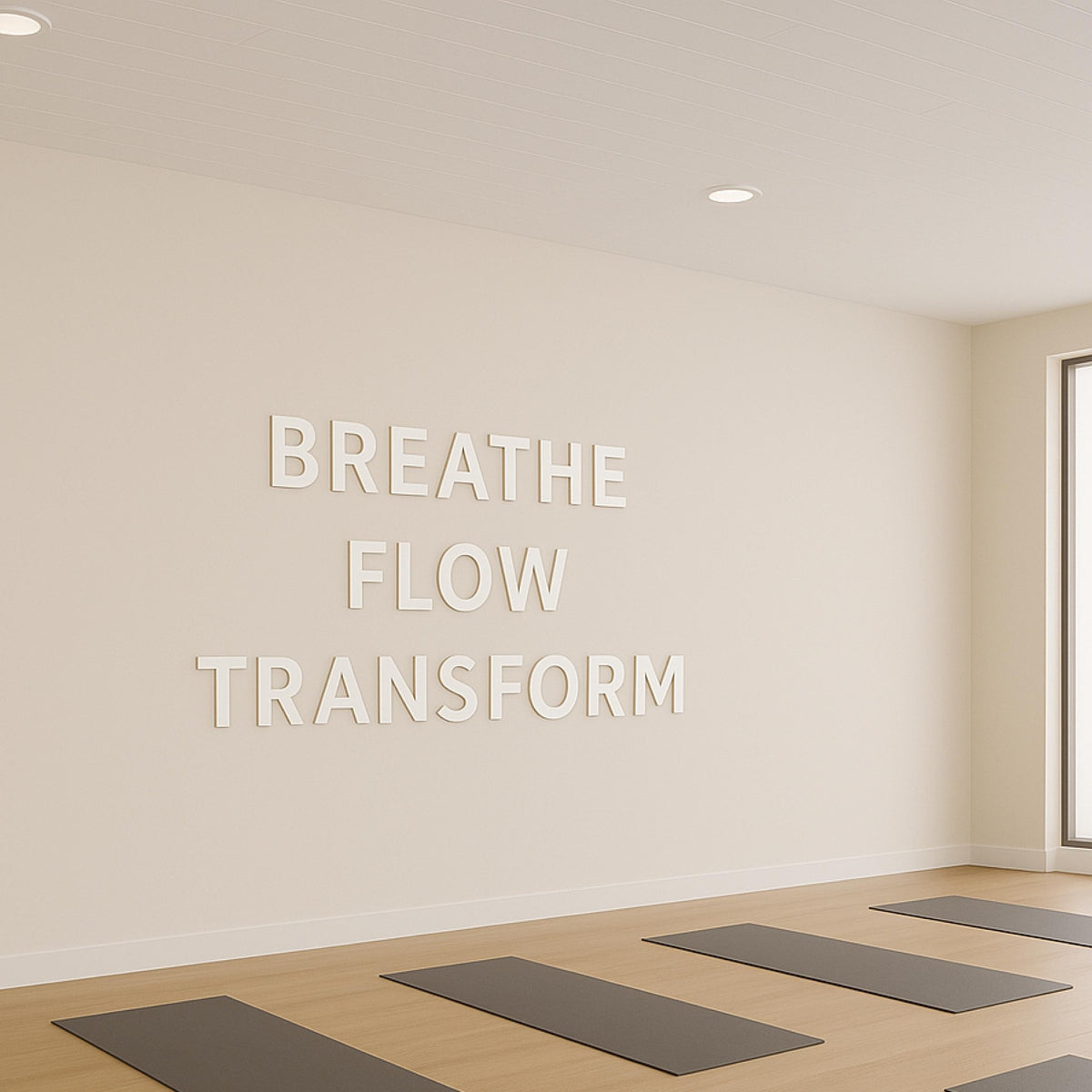 a modern yoga studio with larger 3d letters on the wall saying BREATHE FLOW TRANSFORM
