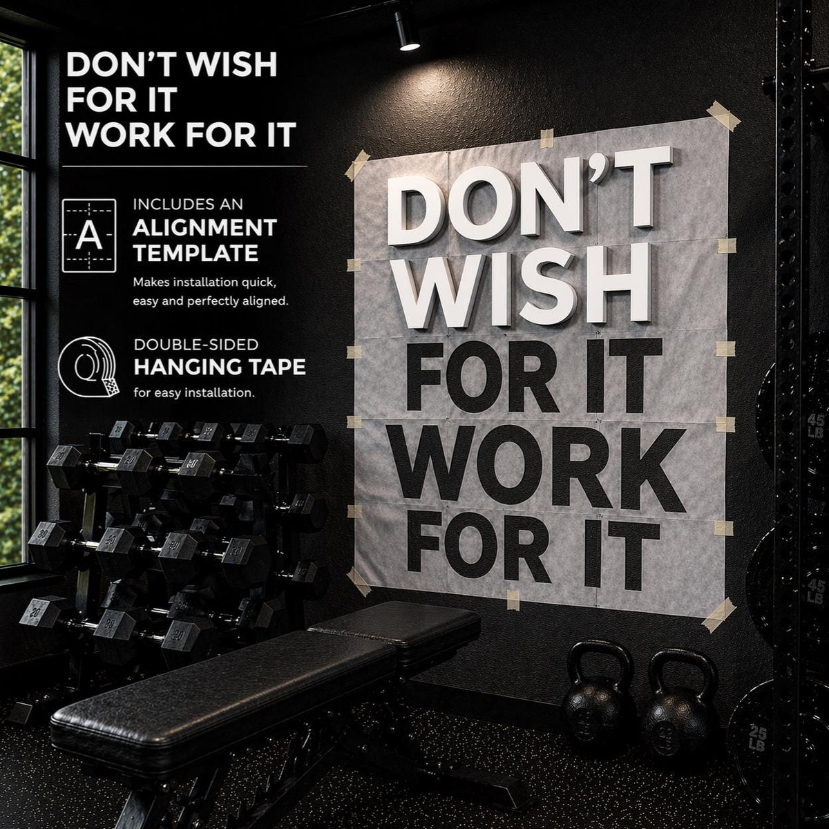 Don't Wish For It Work For It | 3D Gym Wall Quote | PVC Motivation Sign | Home Gym Decor | Fitness Room Wall Letters | Workout Inspo Gift